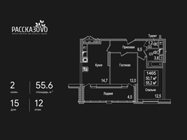 Планировка двухкомнатной(квартира) площадью 55.6 квадратных метров в “ЖК Рассказово”