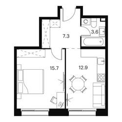 Планировка однокомнатной(апартаменты) площадью 39.5 квадратных метров в ЖК “ЖК Аквилон Signal (Аквилон Сигнал)”