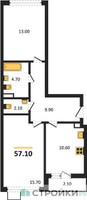 Планировка двухкомнатной(квартира) площадью 57.1 квадратных метров в “ЖК Деснаречье”