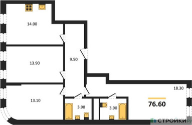 Планировка трехкомнатной(квартира) площадью 76.6 квадратных метров в ЖК “ЖК Адмирал”