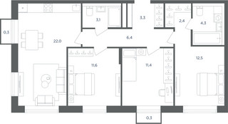 Планировка трехкомнатной(квартира) площадью 77.6 квадратных метров в “ЖК Равновесие”