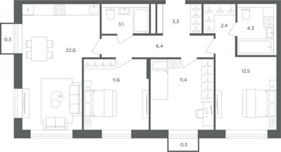 Планировка трехкомнатной(квартира) площадью 77.6 квадратных метров в ЖК “ЖК Равновесие”