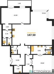 Планировка двухкомнатной(квартира) площадью 147.5 квадратных метров в ЖК “ЖК Nicole (Николь)”