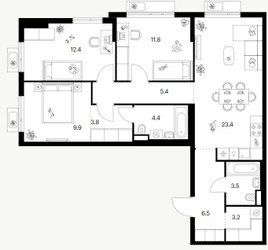 Планировка трехкомнатной(квартира) площадью 84.2 квадратных метров в ЖК “Ярославский квартал”