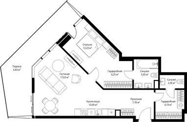 Планировка однокомнатной(квартира) площадью 75.01 квадратных метров в ЖК “ЖК Джойс”