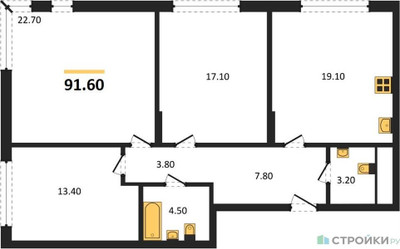Планировка трехкомнатной(квартира) площадью 91.6 квадратных метров в ЖК “ЖК Переделкино Ближнее”