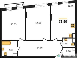 Планировка двухкомнатной(квартира) площадью 72.9 квадратных метров в “ЖК Эльйон”