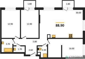 Планировка трехкомнатной(квартира) площадью 88.9 квадратных метров в ЖК “ЖК Sokolinn Park (Соколинн Парк)”