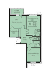 Планировка трехкомнатной(апартаменты) площадью 64.6 квадратных метров в ЖК “ЖК Кашинцево”