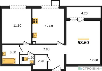 Планировка двухкомнатной(квартира) площадью 58.6 квадратных метров в ЖК “ЖК Первый Лермонтовский”