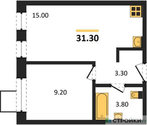 Планировка однокомнатной(квартира) площадью 31.3 квадратных метров в ЖК “ЖК Никольский квартал Отрада”