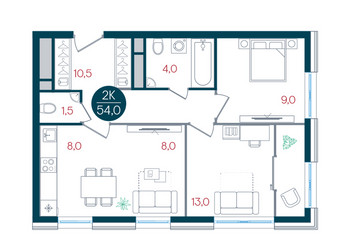 Планировка двухкомнатной(квартира) площадью 54 квадратных метров в ЖК “ЖК РУСИЧ-Кантемировский”