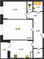 Планировка двухкомнатной(квартира) площадью 67.4 квадратных метров в ЖК “ЖК Эдельвейс (Первомайское)”