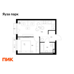 Планировка однокомнатной(квартира) площадью 32.5 квадратных метров в ЖК “ЖК Яуза Парк (Мытищи)”