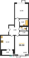 Планировка двухкомнатной(квартира) площадью 59.5 квадратных метров в “ЖК Первый Лермонтовский”