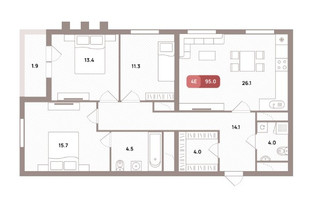 Планировка 4+ комнатной(квартира) площадью 95 квадратных метров в “ЖК Проспект 39”