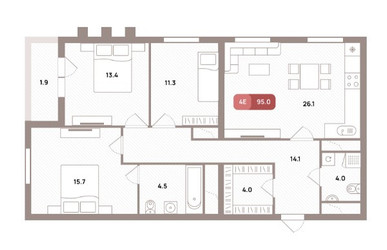 Планировка 4+ комнатной(квартира) площадью 95 квадратных метров в ЖК “ЖК Проспект 39”