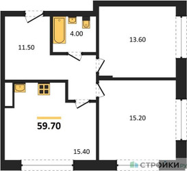 Планировка двухкомнатной(квартира) площадью 59.7 квадратных метров в ЖК “ЖК Переделкино Ближнее”