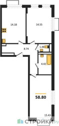 Планировка двухкомнатной(квартира) площадью 58.8 квадратных метров в ЖК “ЖК Квартал Строгино”