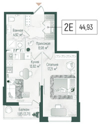 Планировка однокомнатной(квартира) площадью 46.79 квадратных метров в ЖК “ЖК Рига Хиллс”