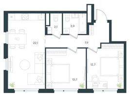 Планировка двухкомнатной(квартира) площадью 61.4 квадратных метров в “ЖК Level Лесной”
