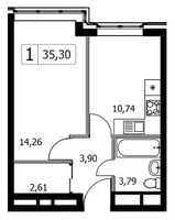 Планировка однокомнатной(квартира) площадью 35.3 квадратных метров в “ЖК Городские Истории”
