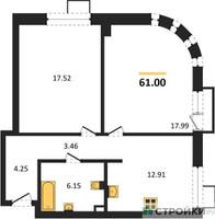 Планировка двухкомнатной(квартира) площадью 61 квадратных метров в “ЖК UNO Соколиная гора”