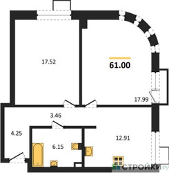 Планировка двухкомнатной(квартира) площадью 61 квадратных метров в ЖК “ЖК UNO Соколиная гора”