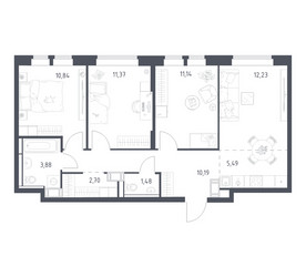 Планировка трехкомнатной(квартира) площадью 69.32 квадратных метров в ЖК “ЖК Большое Путилково”