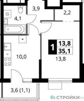 Планировка однокомнатной(квартира) площадью 35.1 квадратных метров в “ЖК 1-й Ясеневский (Первый Ясеневский)”