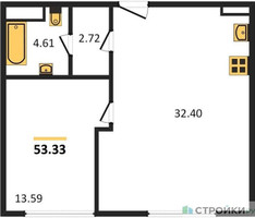 Планировка однокомнатной(апартаменты) площадью 53.1 квадратных метров в “ЖК CULT (Культ)”