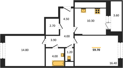 Планировка двухкомнатной(квартира) площадью 59.7 квадратных метров в ЖК “ЖК Эдельвейс (Первомайское)”