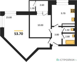 Планировка двухкомнатной(квартира) площадью 53.7 квадратных метров в “ЖК Три квартала”
