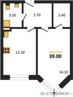 Планировка однокомнатной(квартира) площадью 39 квадратных метров в “ЖК Видный берег 2”
