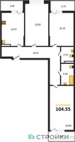 Планировка трехкомнатной(квартира) площадью 104.55 квадратных метров в “ЖК Riga Hills (Рига Хиллс)”