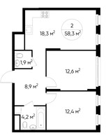 Планировка двухкомнатной(квартира) площадью 58.3 квадратных метров в “ЖК Переделкино Ближнее”
