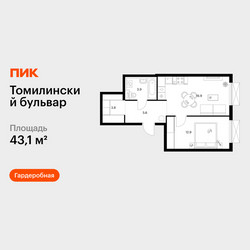 Планировка однокомнатной(квартира) площадью 43.1 квадратных метров в ЖК “ЖК Томилинский бульвар”