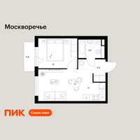 Планировка однокомнатной(квартира) площадью 34.9 квадратных метров в “ЖК Москворечье”