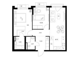 Планировка двухкомнатной(квартира) площадью 57.25 квадратных метров в ЖК “ЖК Ильинские луга”