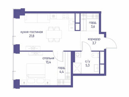 Планировка однокомнатной(квартира) площадью 52.2 квадратных метров в “ЖК Начало”