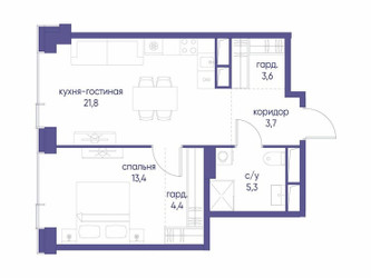 Планировка однокомнатной(квартира) площадью 52.2 квадратных метров в ЖК “ЖК Начало”
