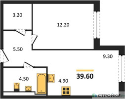 Планировка однокомнатной(квартира) площадью 39.6 квадратных метров в “ЖК Заречье Парк”