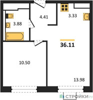 Планировка однокомнатной(квартира) площадью 36.11 квадратных метров в “ЖК Прибрежный Парк”
