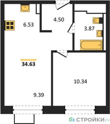 Планировка однокомнатной(квартира) площадью 34.63 квадратных метров в ЖК “ЖК Молжаниново”