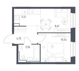 Планировка однокомнатной(квартира) площадью 32.98 квадратных метров в ЖК “ЖК Квартал Строгино”