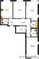 Планировка трехкомнатной(квартира) площадью 78.55 квадратных метров в “ЖК Мытищи Парк”
