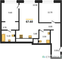 Планировка двухкомнатной(квартира) площадью 67.6 квадратных метров в “ЖК Upside Towers (Апсайд Тауэрс)”