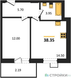 Планировка однокомнатной(квартира) площадью 38.35 квадратных метров в ЖК “ЖК Радость (Радумля Парк)”