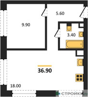 Планировка однокомнатной(квартира) площадью 36.9 квадратных метров в “ЖК ЗИЛАРТ”