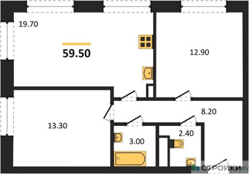 Планировка двухкомнатной(квартира) площадью 59.5 квадратных метров в ЖК “ЖК Обручева 30”